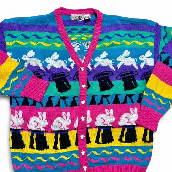 Gerard Works 80s Vintage Magician Magic Rabbit Sweater Cardigan Small - Picture 4 of 8